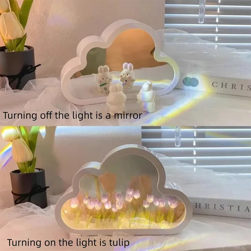 Cloud Mirror Tulip Lamp DIY Night Light Girl Bedroom Ornaments Creative Photo Frame Mirror Table Lamps Bedside Handmade Birthday